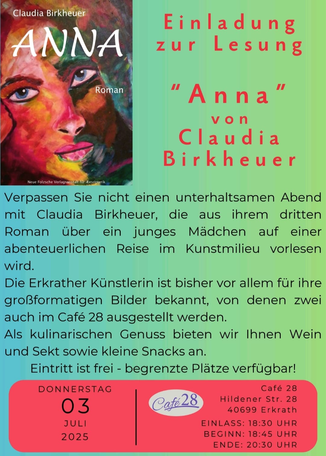 Einladung zur Lesung: "Anna" von Buchautorin Claudia Birkheuer