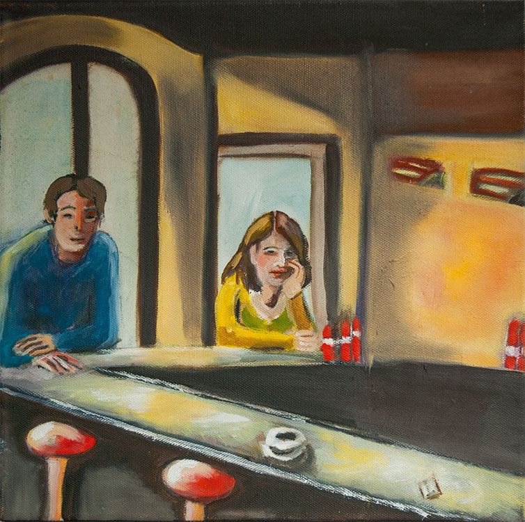 Claudia Birkheuer, 'Bar' (ARTSPACER): Ein Gemälde in warmen Farbtönen, das eine Barszene zeigt. Im Vordergrund eine helle Theke mit Hockern mit roten Sitzen. Dahinter sind mehrere Personen an Tischen und an der Theke dargestellt, die miteinander interagieren.