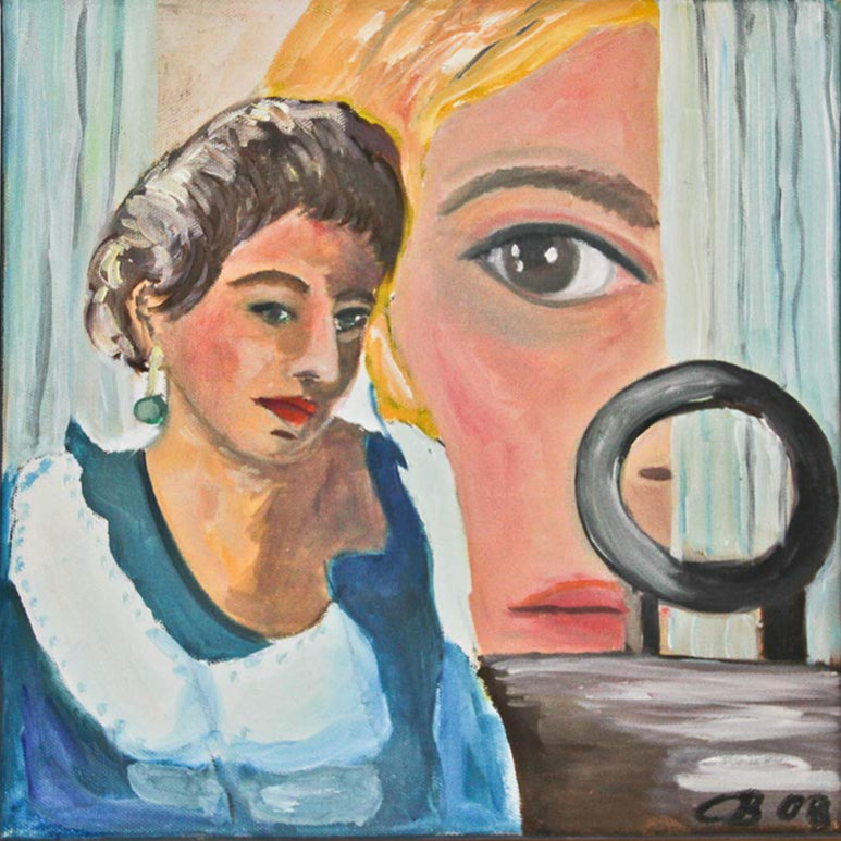Claudia Birkheuer, 'Blick in die Vergangenheit' (FEMARTSPACE): Ein Gemälde mit zwei stilisierten Frauenporträts. Im Vordergrund links eine Frau mit dunklen, gewellten Haaren, hellblauer Bluse und einem grünen Ohrring. Ihr Blick ist nachdenklich gesenkt. Dahinter, teilweise verdeckt durch helle Vorhänge, ist das fragmentierte Gesicht einer blonden Frau mit einem großen, dunklen Auge und roten Lippen zu sehen. Rechts im Vordergrund steht ein runder, schwarzer Spiegel, der einen Ausschnitt des blonden Gesichts