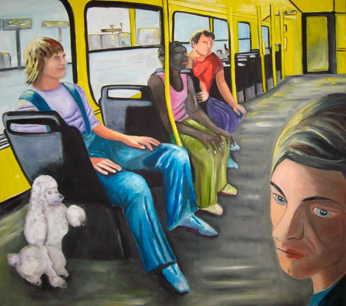 Claudia Birkheuer, 'Canis Sapiens' (ARTSPACER): Gemälde einer Szene in einem gelben Bus mit vier Personen und einem weißen Pudel.