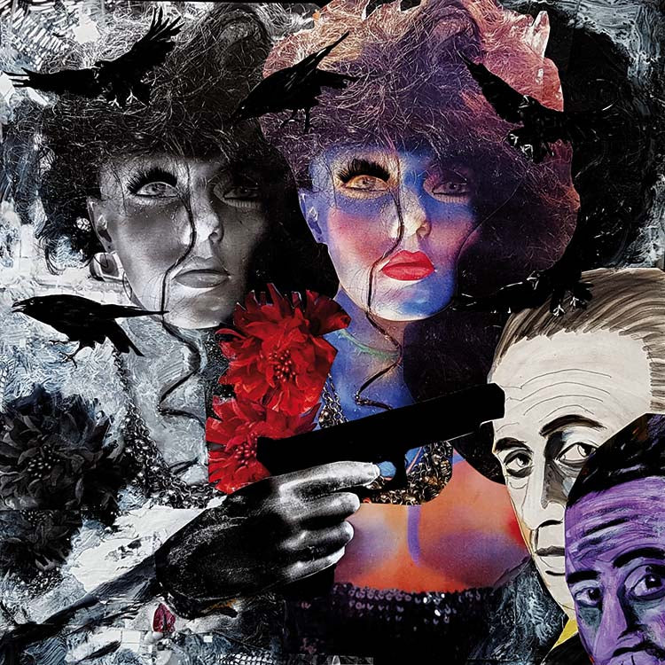 Claudia Birkheuer, 'Celan Collage' (ARTSPACER): Eine vielschichtige Collage mit surrealen und fragmentierten Elementen. Im Zentrum sind drei stilisierte Gesichter oder Büsten zu erkennen, die in unterschiedlichen Farbtönen dargestellt sind. Eines ist in Graustufen gehalten, ein anderes weist bläuliche und rötliche Farbakzente auf und das dritte ist in hellen Hauttönen mit violetten Schatten dargestellt. 