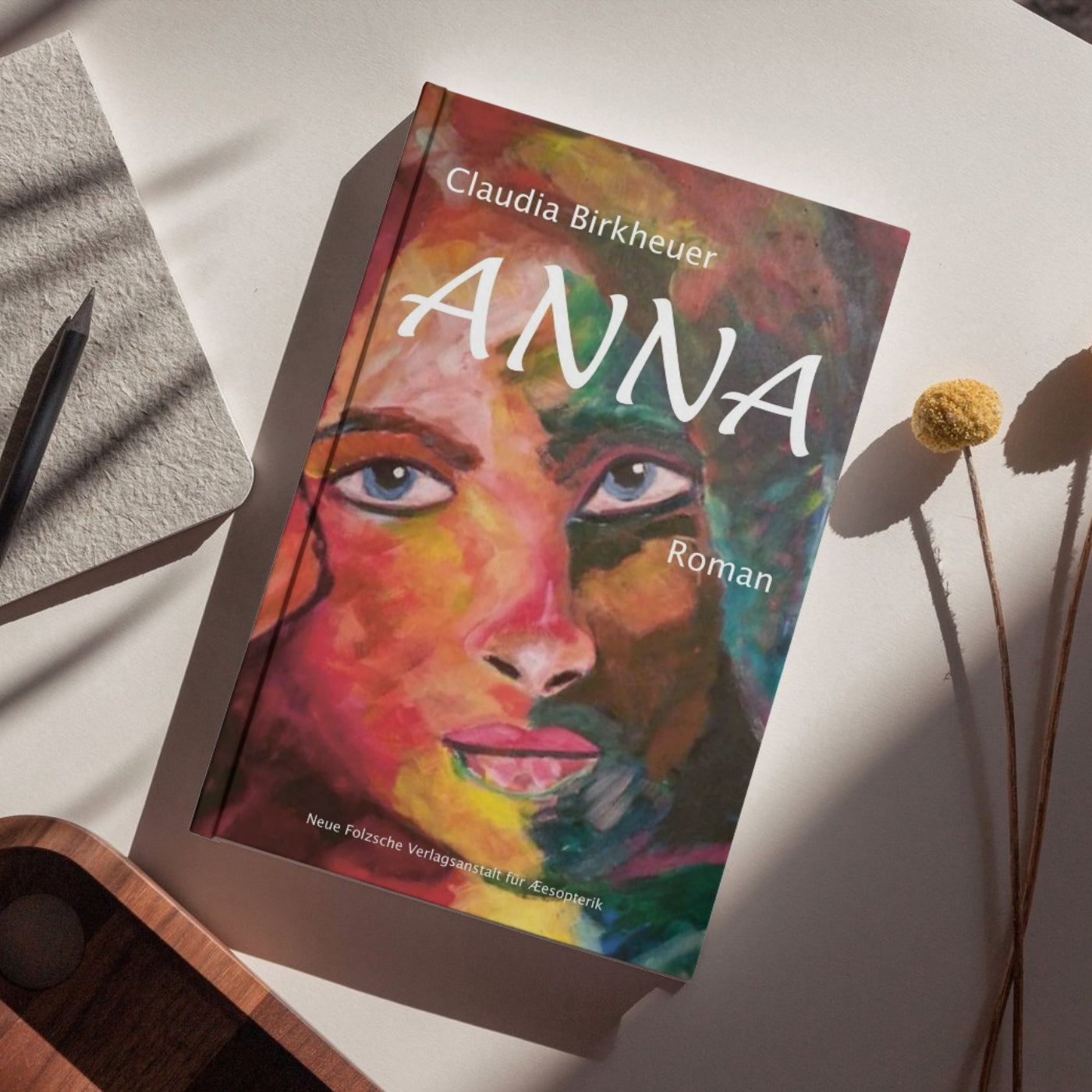 Claudia Birkheuer, Buch 'Anna' (ARTSPACER): Cover mit farbigem, abstraktem Frauenporträt, dem Titel 'ANNA' und dem Namen der Autorin.