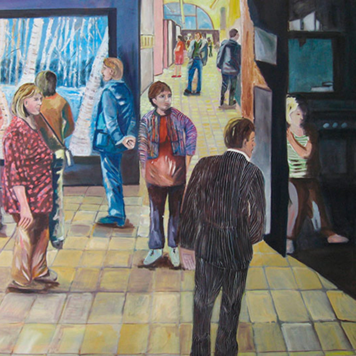 Claudia Birkheuer, 'Das Geheimnis' (FEMARTSPACE): Gemälde einer beobachtenden Szene mit mehreren Personen in einem hell gefliesten Durchgangsbereich oder Museum.
