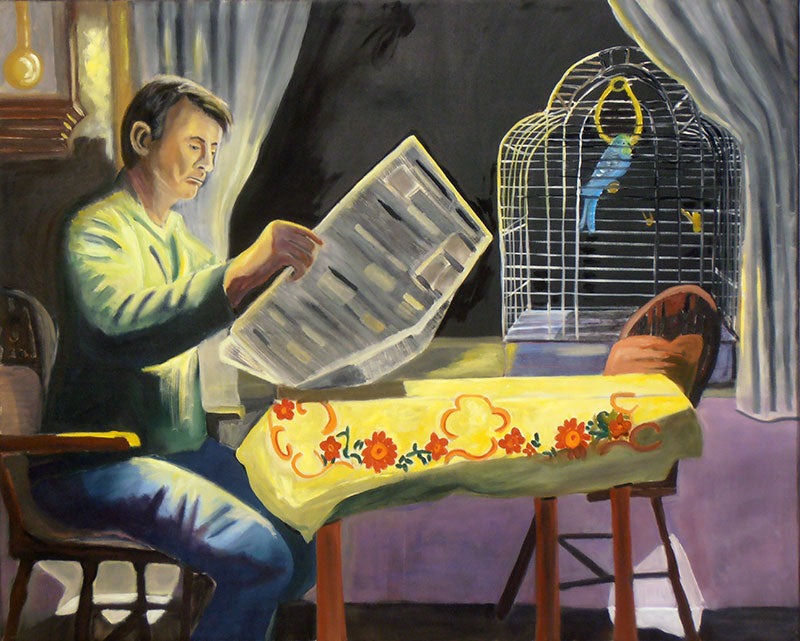 Ein Gemälde in dunklen, gedeckten Farben zeigt einen Mann, der an einem Tisch sitzt und Zeitung liest. Neben ihm steht ein Vogelkäfig mit zwei Vögeln.  Titel 
