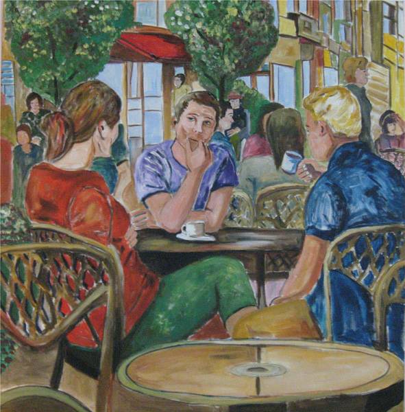 Claudia Birkheuer, 'Die Nachricht' (ARTSPACER): Gemälde einer lebhaften Café-Szene mit drei Personen an einem Tisch im Vordergrund und weiteren Personen im Hintergrund.
