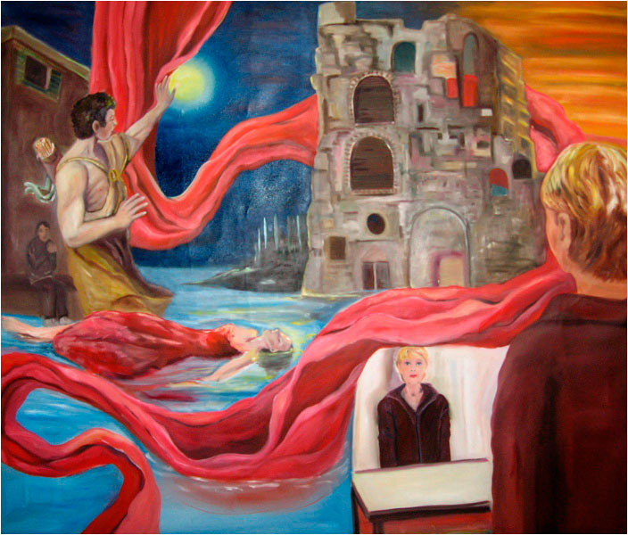 Ein surreales Gemälde mit mehreren Figuren in einer traumartigen, architektonischen Umgebung mit fließenden roten Stoffbahnen und einem hellen Himmelskörper. 