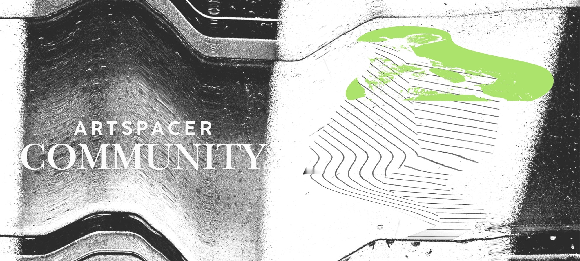 Abstrakter schwarz-weißer Hintergrund mit strukturierten, metallisch wirkenden Flächen und feinen Linien. Rechts schwebt eine neon-grüne, organische Form über einer grafischen Linienfigur. Links steht in klarer, heller Typografie der Schriftzug ‚ARTSPACER COMMUNITY‘