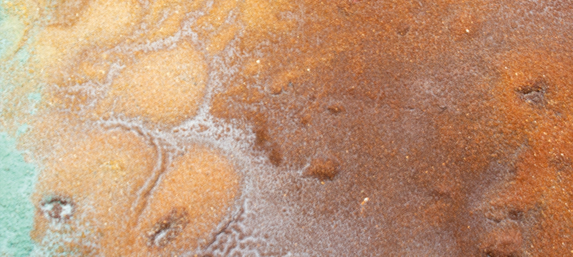 eitgenössische Malerei von Peter Jaschinski: Nahaufnahme einer haptischen Oberfläche mit erdigen Pigmenten und oxidationsähnlichen Strukturen für die Galerie ARTSPACER.