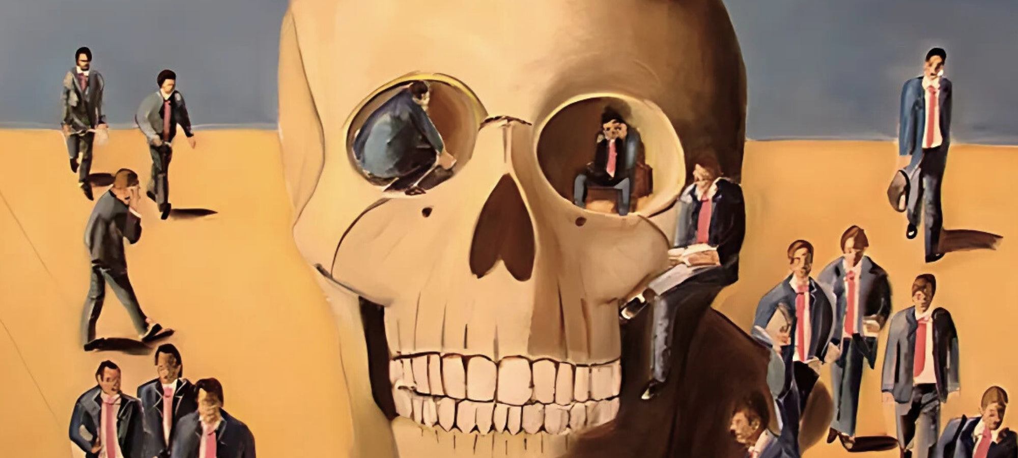 Kunstwerk von Claudia Birkheuer: Das Ende von Dow Jones, Öl auf Leinwand, 130 cm x 170cm. Totenkopf und Banker.