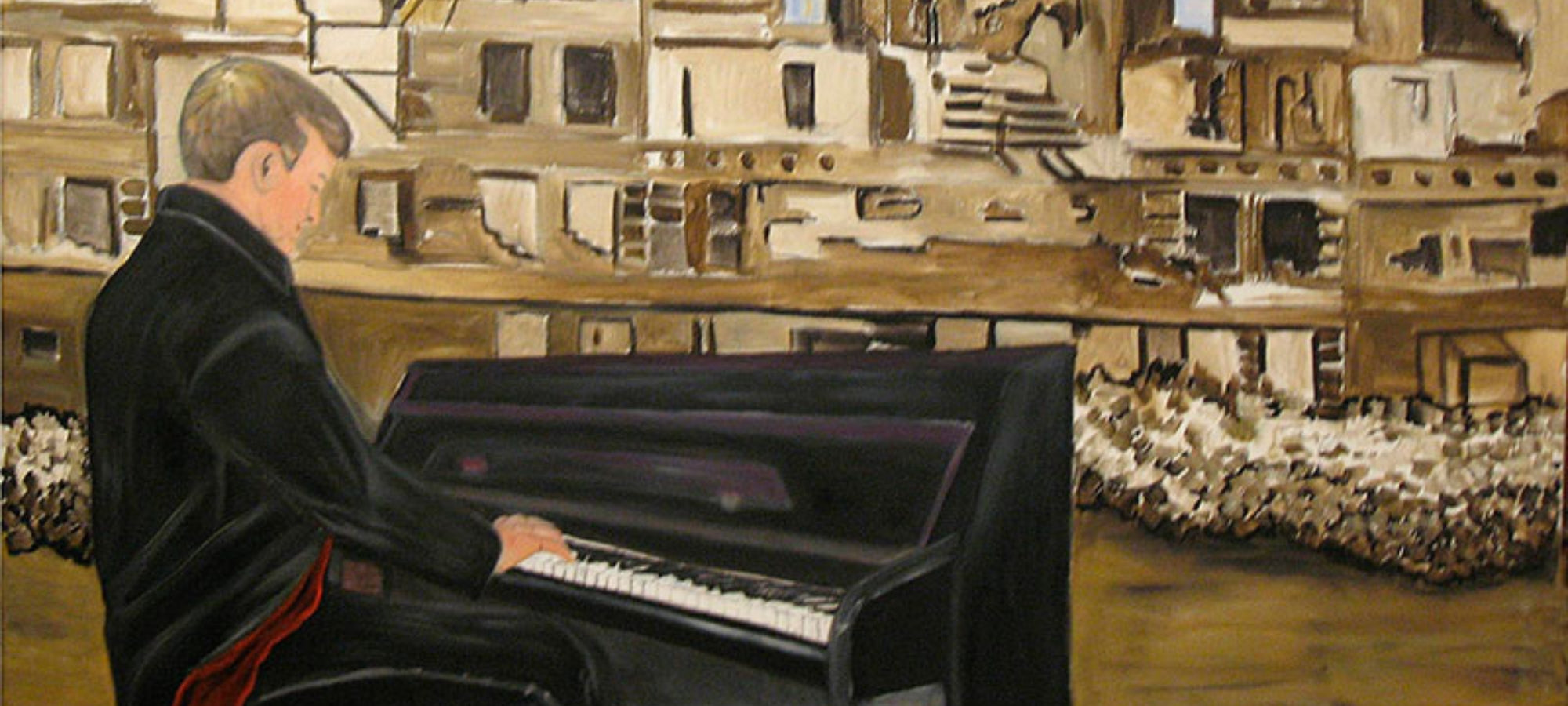 Gemälde von Claudia Birkheuer: Aus Mutters Erzählung, Öl auf Leinwand, 200 cm x 150 cm. Mann am Klavier.