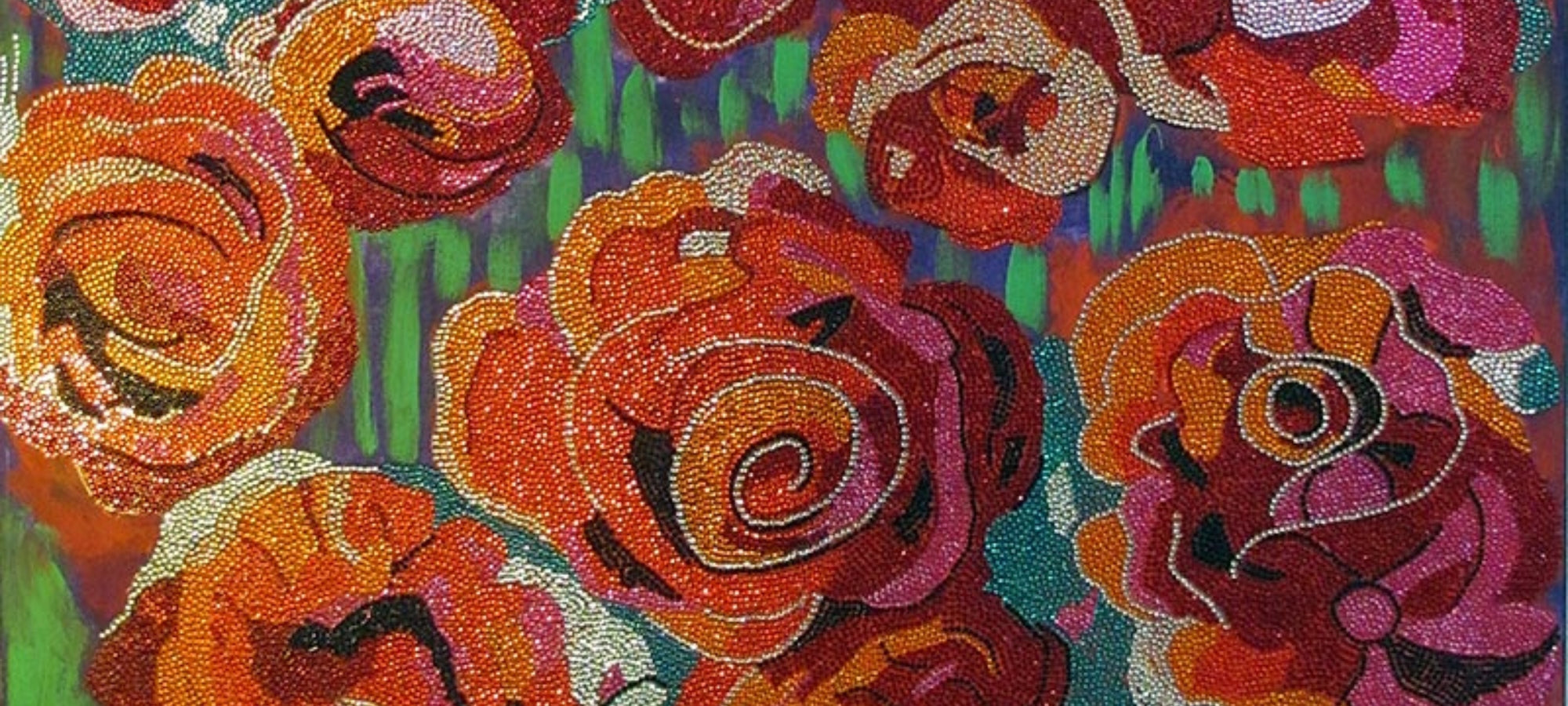 Bild von Claudia Birkheuer: 
Brillant FLowers II
Entstehungsjahr

2016
Material

105 x 135 cm,
Acryl auf Leinwand,

20.000 Glassteine, Klebstoff
