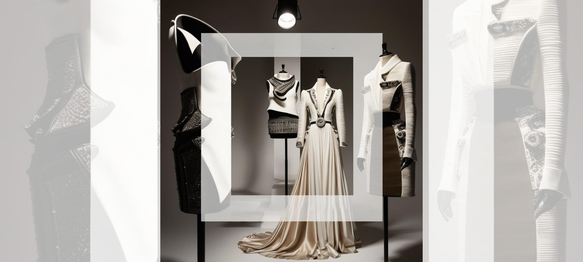 Header FashionArt Design von Simone Kratzsch Bild mit diversen Kleidern auf einer Schneiderpuppe Farbe Sepia weiss gehalten Haute Couture Kunst Drucke auf diversen Kleidungstücken Hoodies Shirts Röcke Blusen