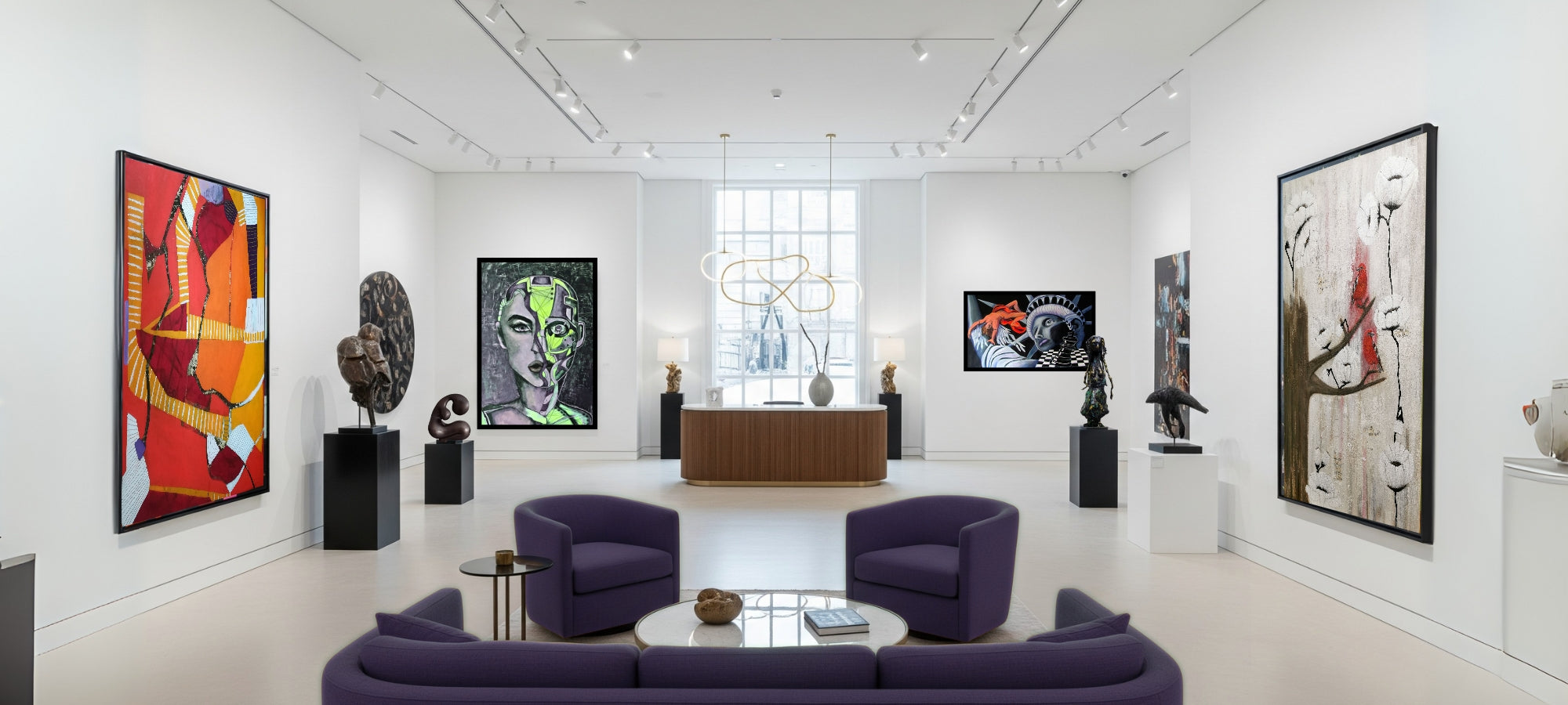 Innenansicht einer modernen Kunstgalerie mit Gemälden und Skulpturen, Lounge-Bereich mit violetten Sesseln im Vordergrund – ARTSPACER präsentiert eine offene, professionelle Ausstellungsumgebung für Künstler:innen aller Genres.