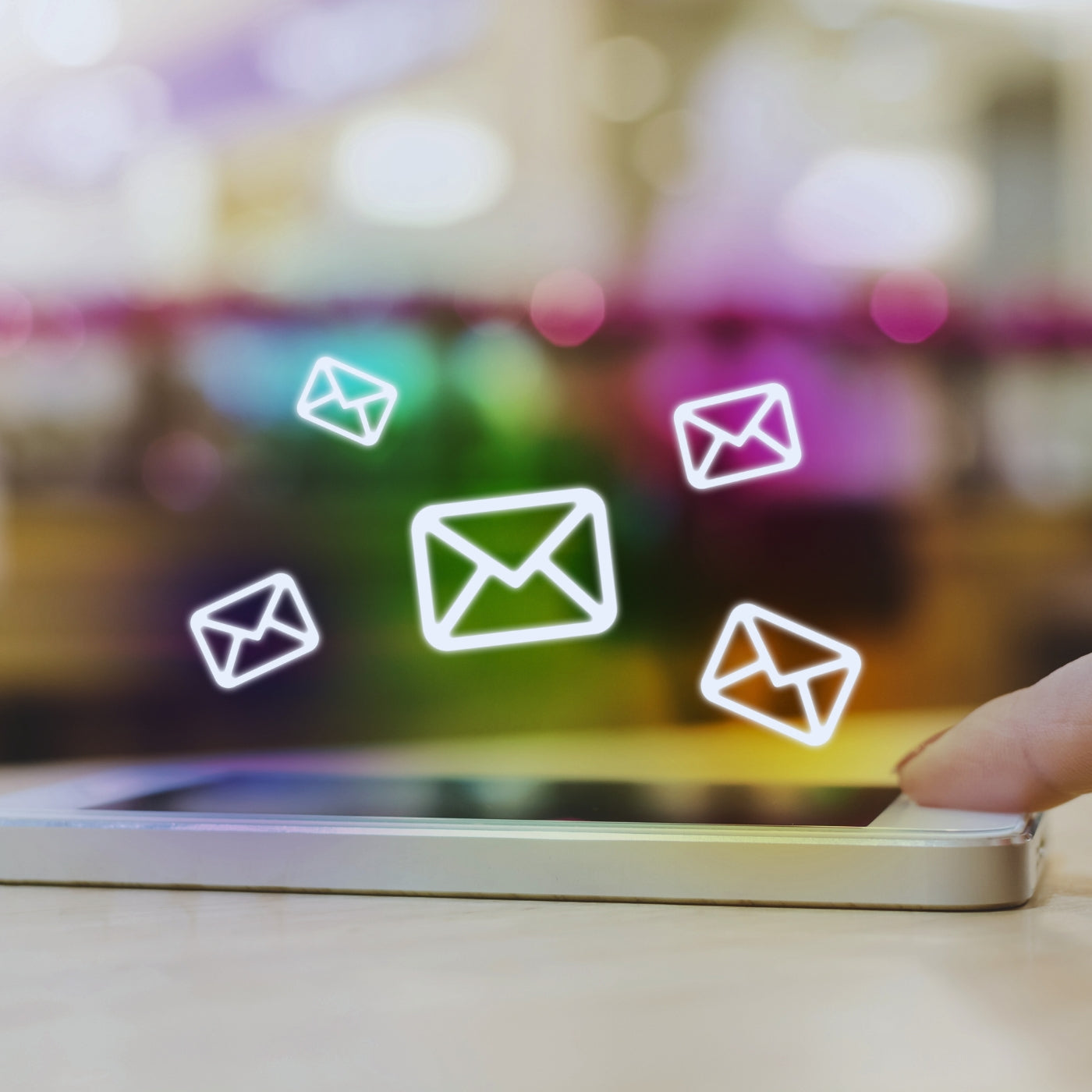 Lebendige digitale Kunst mit Neon-E-Mail-Symbolen, die über einem Smartphone-Bildschirm schweben und moderne Kommunikation und Technologie symbolisieren, perfekt für ARTSPACER.