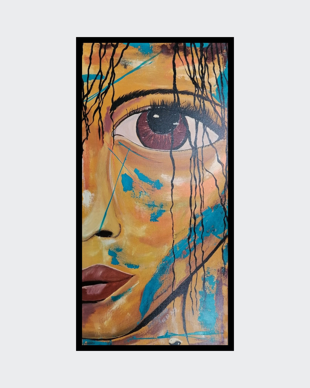 Abstraktes Acrylgemälde in kräftigen Farben von Petra Bigeschke, "Trotzkopf" betitelt. Es zeigt einen Kopf mit markanten Lippen, die das Bild abrunden. 