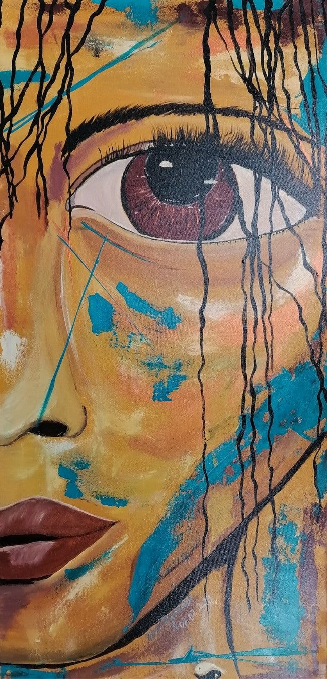 Abstraktes Acrylgemälde in kräftigen Farben von Petra Bigeschke, "Trotzkopf" betitelt. Es zeigt einen Kopf mit markanten Lippen, die das Bild abrunden. 