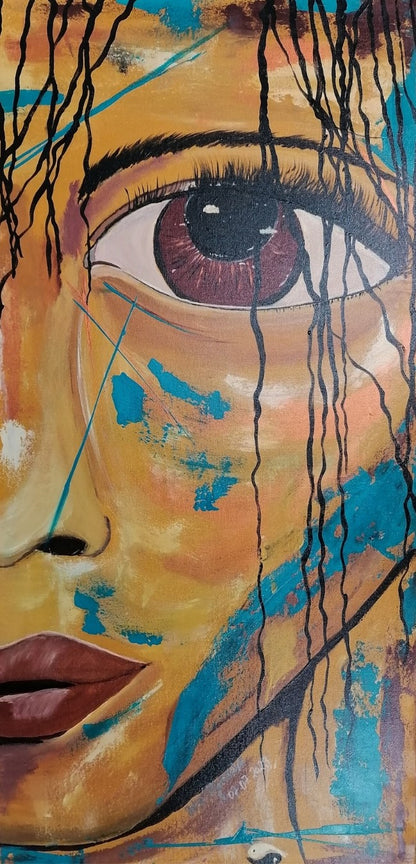 Abstraktes Acrylgemälde in kräftigen Farben von Petra Bigeschke, "Trotzkopf" betitelt. Es zeigt einen Kopf mit markanten Lippen, die das Bild abrunden. 
