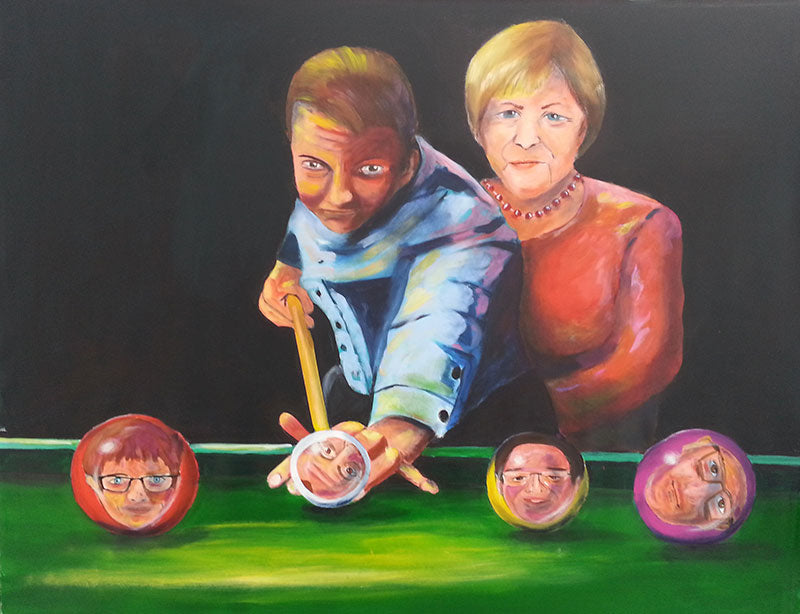 Ein surrealistisches Gemälde mit zwei stilisierten Figuren, die an einem Billardtisch mit überdimensionalen Billardkugeln stehen.  Gemälde 