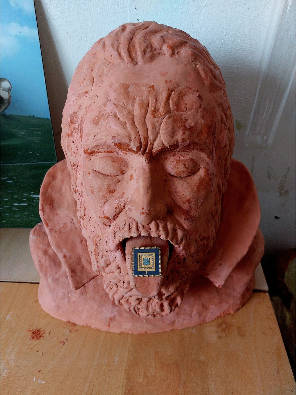 Skulptur von Amos Plaut: Eine unfertige, terrakottafarbene Tonbüste eines bärtigen Mannes mit geschlossenen Augen und leicht geöffnetem Mund. Zwischen seinen Lippen steckt ein kleines, quadratisches Objekt mit einem blauen und goldenen, geometrischen Muster. Die Büste steht auf einer hellen Holzoberfläche. Im Hintergrund sind unscharf weitere Ateliergegenstände und ein Teil eines Gemäldes zu erkennen.
