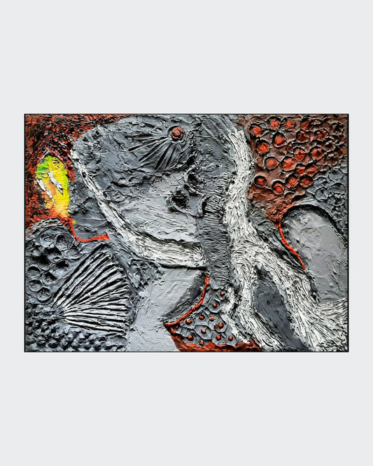 "Amos Plaut, 'Earth's crust_02', Acryl auf Leinwand, 30x40 cm: Abstraktes Gemälde mit grauer Figur, roten Texturen und gelbem Farbakzent."