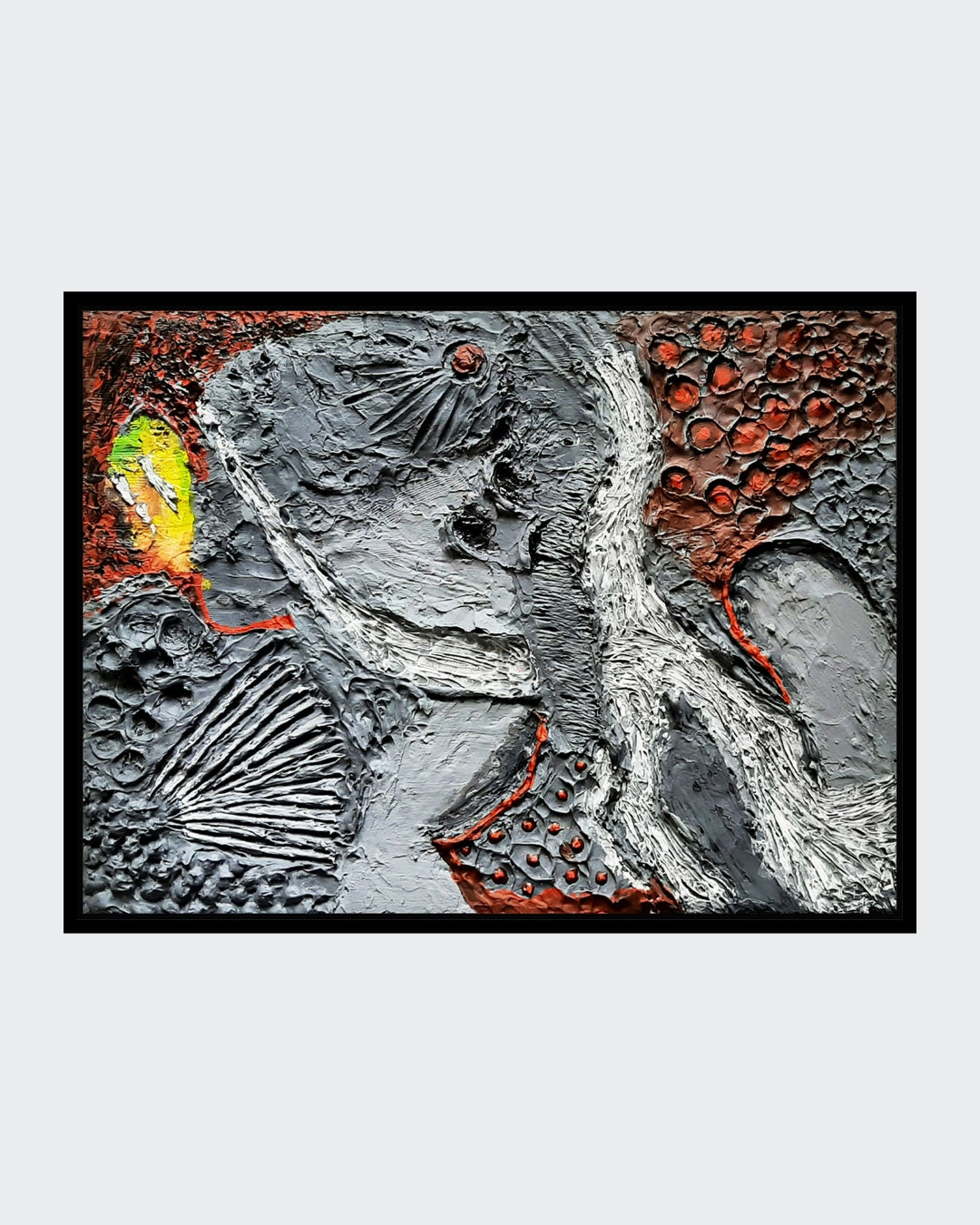 "Amos Plaut, 'Earth's crust_02', Acryl auf Leinwand, 30x40 cm: Abstraktes Gemälde mit grauer Figur, roten Texturen und gelbem Farbakzent."