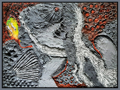 "Amos Plaut, 'Earth's crust_02', Acryl auf Leinwand, 30x40 cm: Abstraktes Gemälde mit grauer Figur, roten Texturen und gelbem Farbakzent."