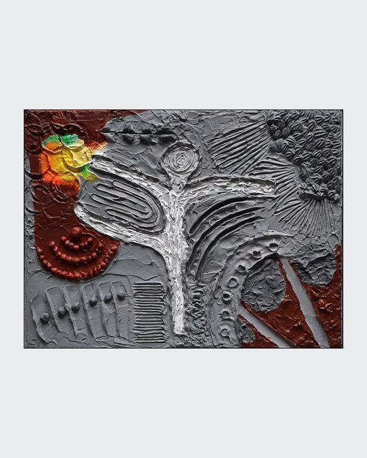 Amos Plaut, 'Earth's crust_02', Acryl auf Leinwand, 30x40 cm: Abstraktes Gemälde mit reliefartiger, weißer zentraler Figur, umgeben von Grautönen, roten und gelben Akzenten.