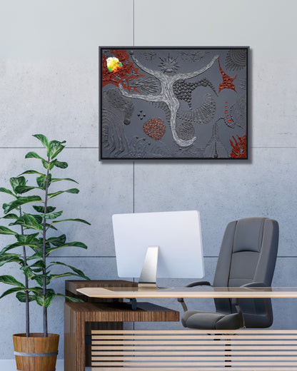 Amos Plaut, 'Earth's crust_102', Acryl auf Leinwand, 60x80 cm: Abstraktes Gemälde mit zentraler, weißer, verzweigter Figur, umgeben von grauen, roten und gelben Elementen.