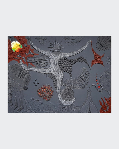 Amos Plaut, 'Earth's crust_102', Acryl auf Leinwand, 60x80 cm: Abstraktes Gemälde mit zentraler, weißer, verzweigter Figur, umgeben von grauen, roten und gelben Elementen.