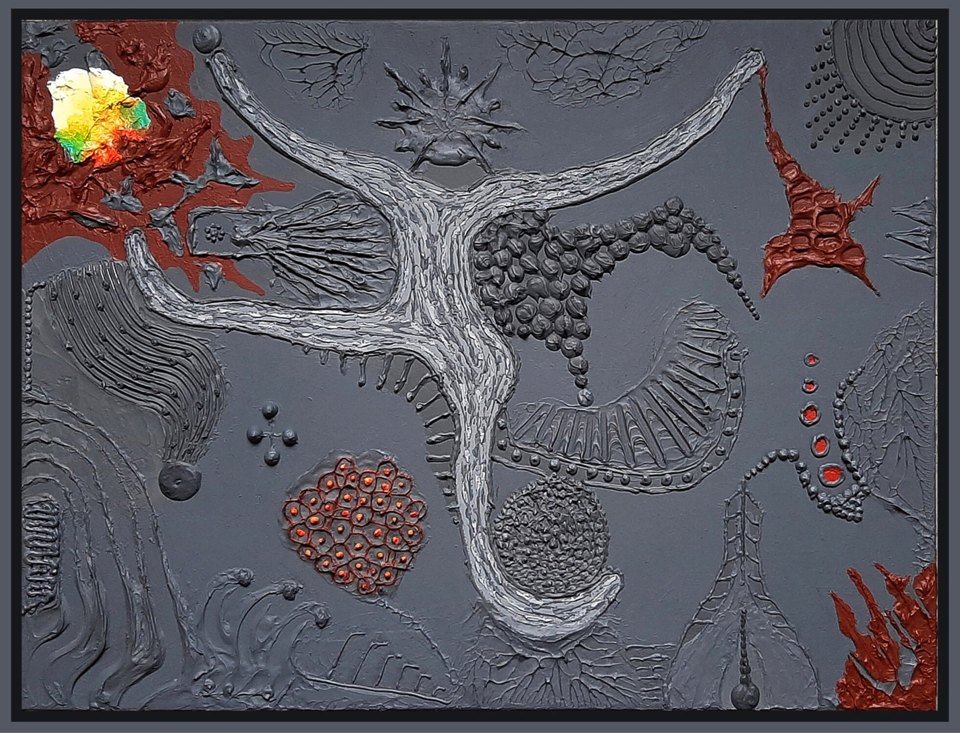 Amos Plaut, 'Earth's crust_102', Acryl auf Leinwand, 60x80 cm: Abstraktes Gemälde mit zentraler, weißer, verzweigter Figur, umgeben von grauen, roten und gelben Elementen.