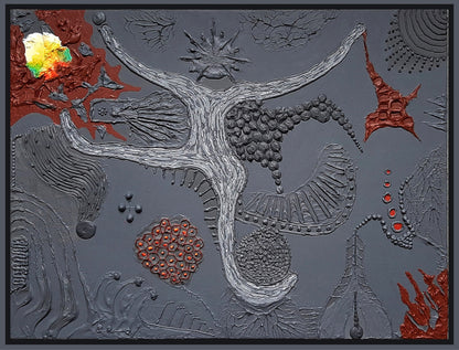 Amos Plaut, 'Earth's crust_102', Acryl auf Leinwand, 60x80 cm: Abstraktes Gemälde mit zentraler, weißer, verzweigter Figur, umgeben von grauen, roten und gelben Elementen.