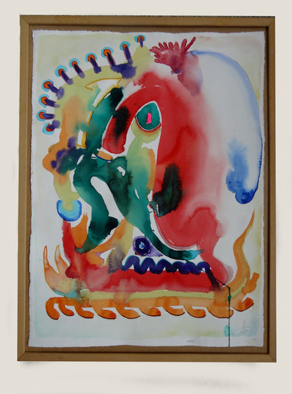 Abstraktes Aquarellgemälde 'Fresh Wind_1002' von Amos Plaut. Bunte, ineinanderfließende Farben und Formen, darunter Rot, Grün, Gelb und Blau, auf hellem Büttenpapier. Teil der Serie 'EARTH's crust'.