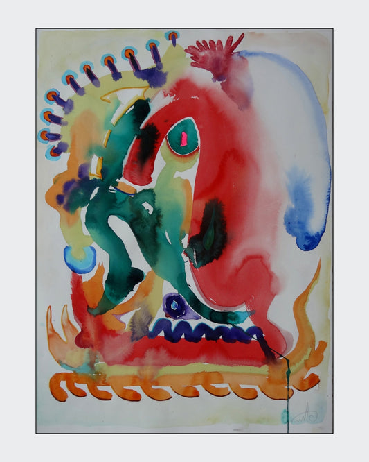 Abstraktes Aquarellgemälde 'Fresh Wind_1002' von Amos Plaut. Bunte, ineinanderfließende Farben und Formen, darunter Rot, Grün, Gelb und Blau, auf hellem Büttenpapier. Teil der Serie 'EARTH's crust'.