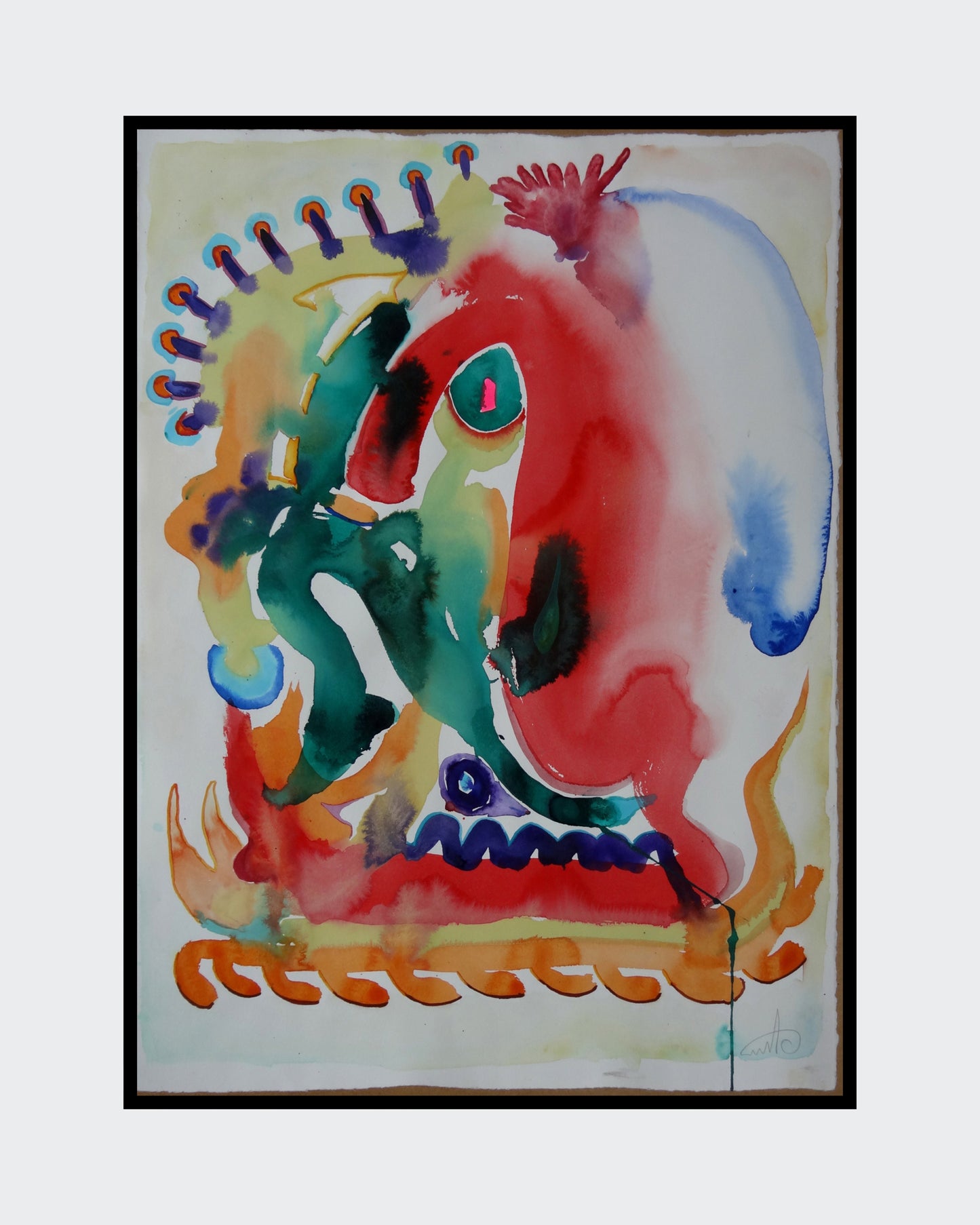 Abstraktes Aquarellgemälde 'Fresh Wind_1002' von Amos Plaut. Bunte, ineinanderfließende Farben und Formen, darunter Rot, Grün, Gelb und Blau, auf hellem Büttenpapier. Teil der Serie 'EARTH's crust'.