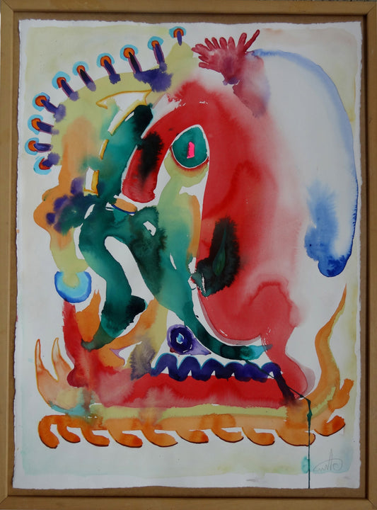 Abstraktes Aquarellgemälde 'Fresh Wind_1002' von Amos Plaut. Bunte, ineinanderfließende Farben und Formen, darunter Rot, Grün, Gelb und Blau, auf hellem Büttenpapier. Teil der Serie 'EARTH's crust'.