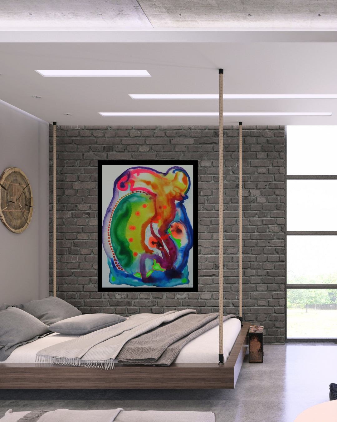 Abstraktes Aquarellgemälde 'Fresh Wind_1029' von Amos Plaut. Organische Formen in leuchtenden Farben wie Gelb, Orange, Grün und Blau, umgeben von einer gepunkteten Linie. Teil der Serie 'EARTH's crust'.