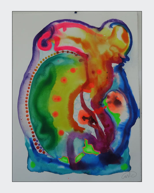 Abstraktes Aquarellgemälde 'Fresh Wind_1029' von Amos Plaut. Organische Formen in leuchtenden Farben wie Gelb, Orange, Grün und Blau, umgeben von einer gepunkteten Linie. Teil der Serie 'EARTH's crust'.