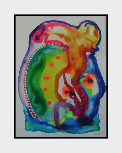 Abstraktes Aquarellgemälde 'Fresh Wind_1029' von Amos Plaut. Organische Formen in leuchtenden Farben wie Gelb, Orange, Grün und Blau, umgeben von einer gepunkteten Linie. Teil der Serie 'EARTH's crust'.