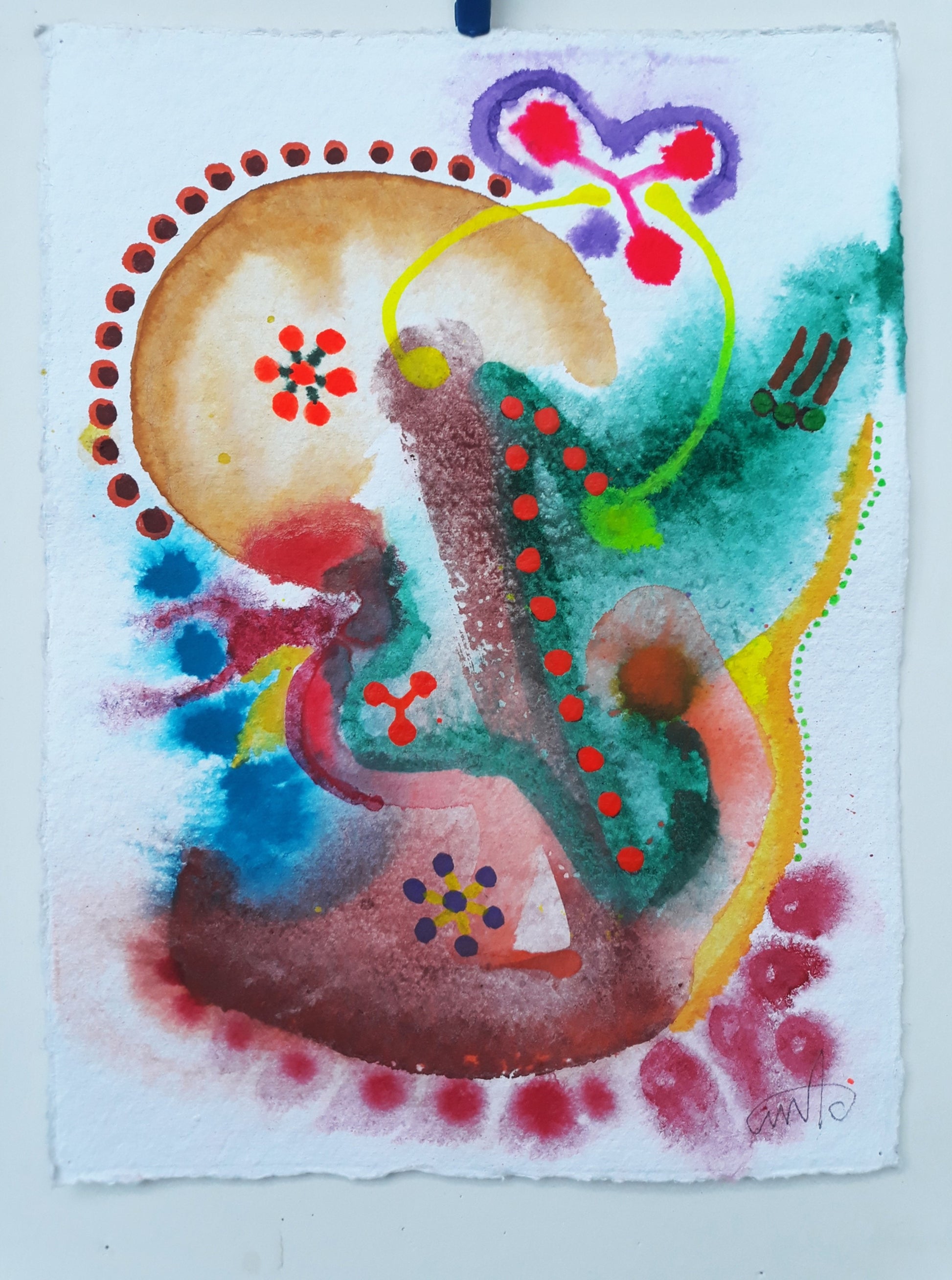 Abstraktes Aquarellgemälde 'Fresh Wind_1226' von Amos Plaut. Zarte, ineinanderfließende Farben und Formen, darunter Braun, Grün, Blau und Pink, auf hellem Büttenpapier. Teil der Serie 'EARTH's crust'.