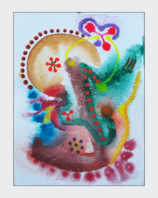 Abstraktes Aquarellgemälde 'Fresh Wind_1226' von Amos Plaut. Zarte, ineinanderfließende Farben und Formen, darunter Braun, Grün, Blau und Pink, auf hellem Büttenpapier. Teil der Serie 'EARTH's crust'.