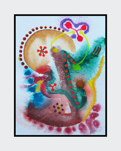 Abstraktes Aquarellgemälde 'Fresh Wind_1226' von Amos Plaut. Zarte, ineinanderfließende Farben und Formen, darunter Braun, Grün, Blau und Pink, auf hellem Büttenpapier. Teil der Serie 'EARTH's crust'.