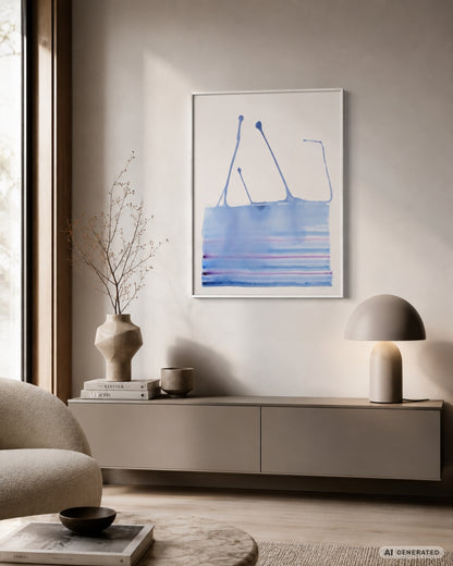 Abstraktes Werk „Water Blues 1“ von Amos Plaut mit fließenden blauen Farbformen auf hellem Büttenpapier.