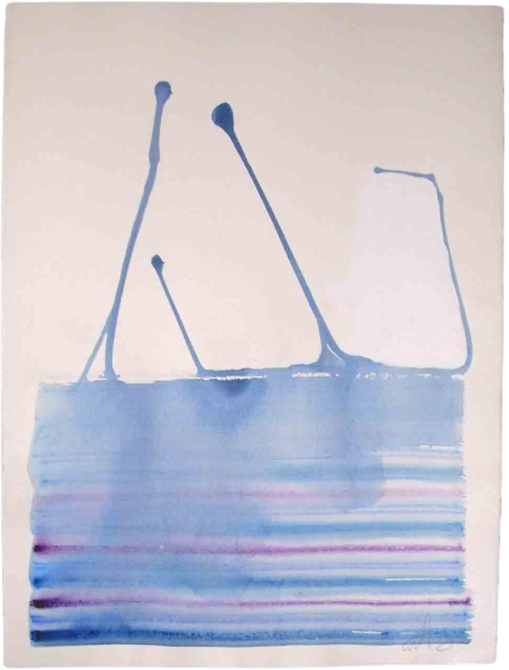 Abstraktes Werk „Water Blues 1“ von Amos Plaut mit fließenden blauen Farbformen auf hellem Büttenpapier.