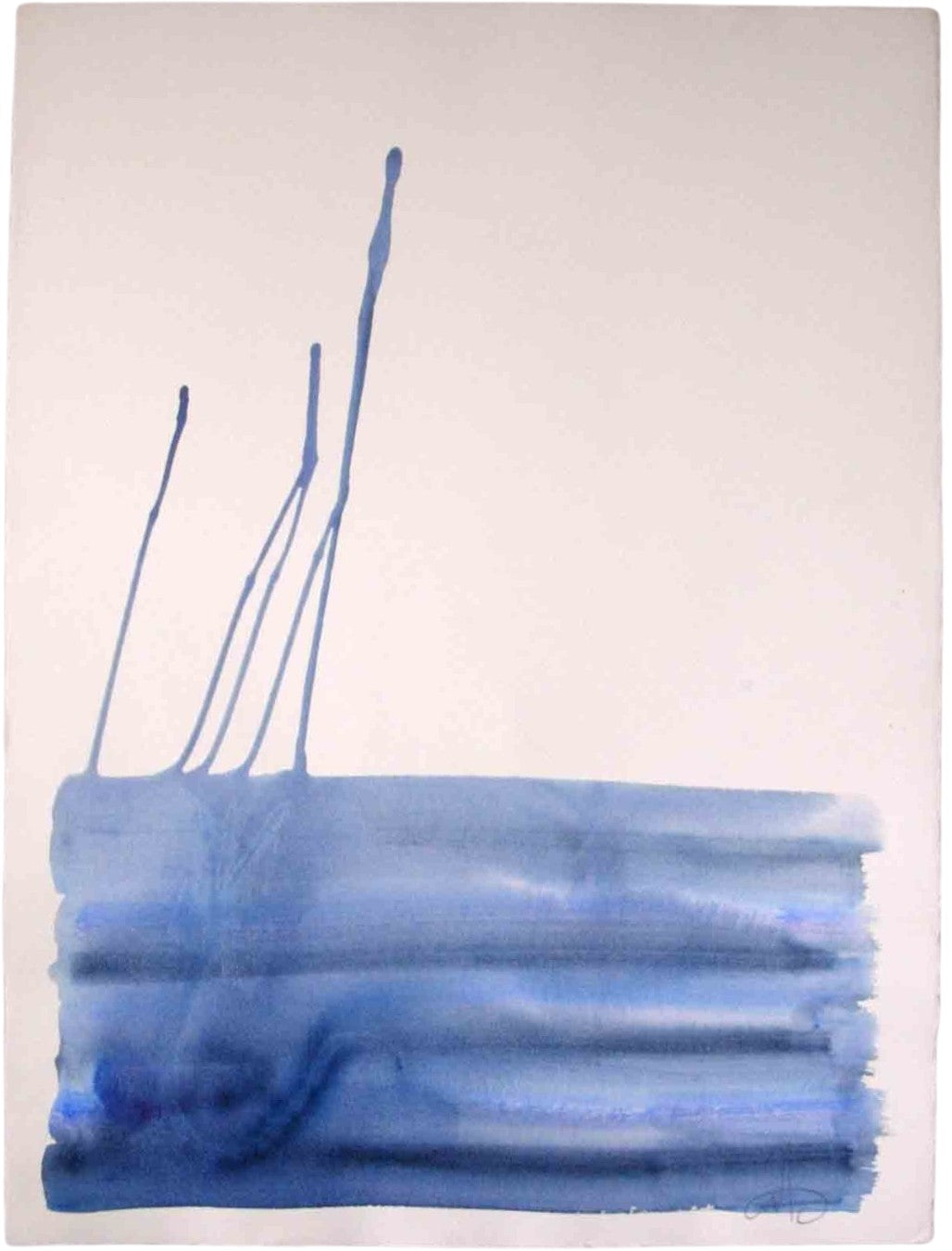 Abstraktes Werk „Water Blues 2“ von Amos Plaut mit transparent wirkenden blauen Farbverläufen und gestischen Spuren auf Büttenpapier.