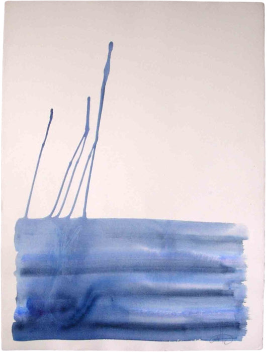 Abstraktes Werk „Water Blues 2“ von Amos Plaut mit transparent wirkenden blauen Farbverläufen und gestischen Spuren auf Büttenpapier.