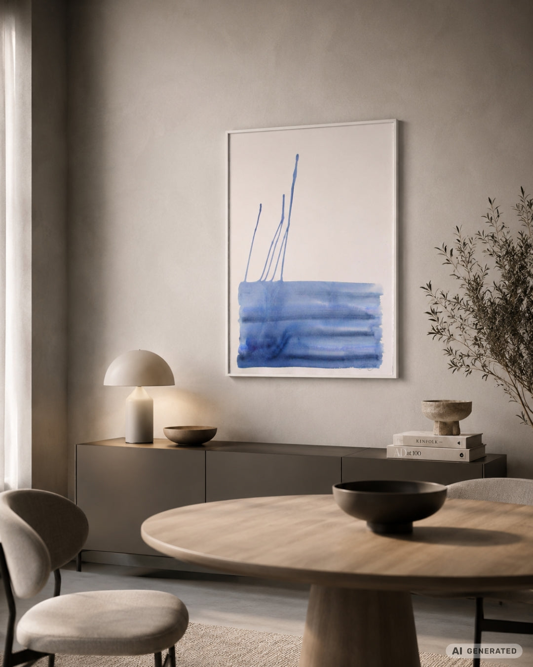 Abstraktes Werk „Water Blues 2“ von Amos Plaut mit transparent wirkenden blauen Farbverläufen und gestischen Spuren auf Büttenpapier.