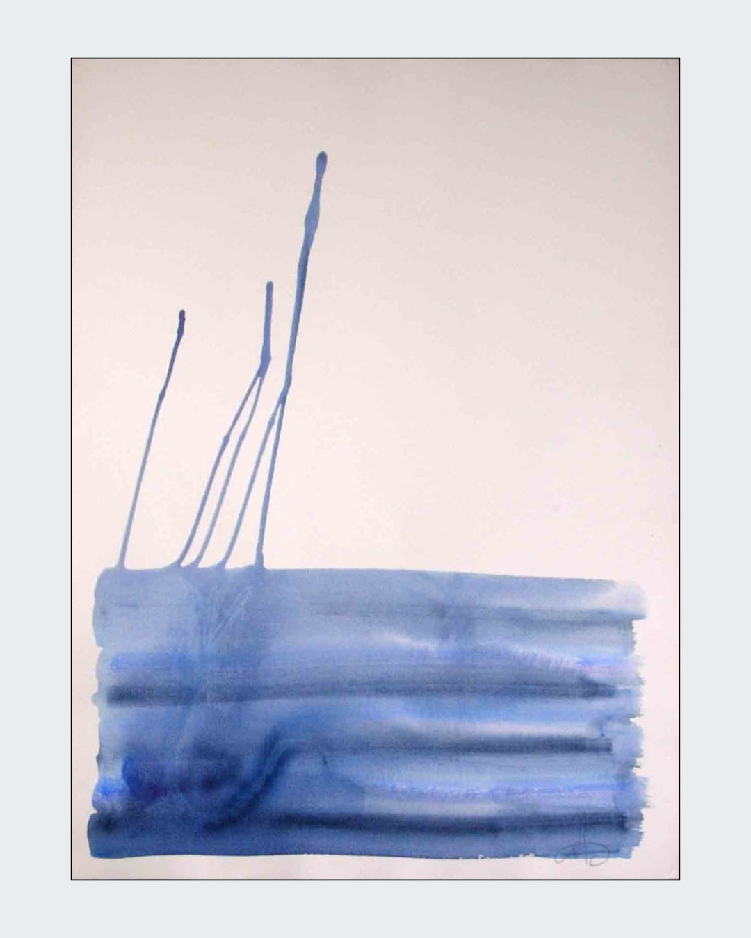 Abstraktes Werk „Water Blues 2“ von Amos Plaut mit transparent wirkenden blauen Farbverläufen und gestischen Spuren auf Büttenpapier.