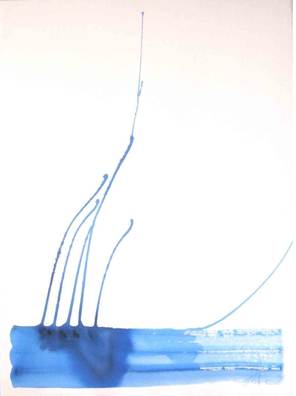 Abstrakte Papierarbeit „Water Blues 3“ von Amos Plaut mit freien blauen Farbfeldern, fließenden Übergängen und großzügigem hellem Bildraum.