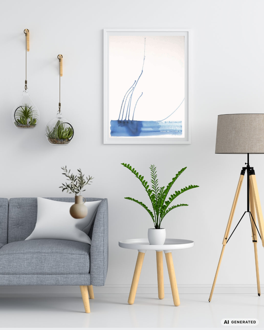Abstrakte Papierarbeit „Water Blues 3“ von Amos Plaut mit freien blauen Farbfeldern, fließenden Übergängen und großzügigem hellem Bildraum.