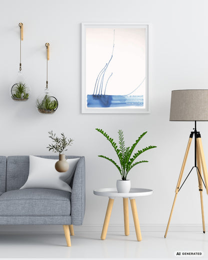 Abstrakte Papierarbeit „Water Blues 3“ von Amos Plaut mit freien blauen Farbfeldern, fließenden Übergängen und großzügigem hellem Bildraum.